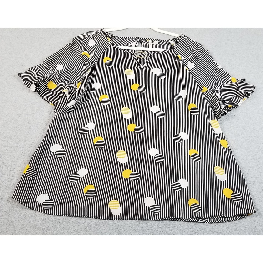 Cato Blouse Womens L Large Black White Yellow Striped Polka Dot Sheer Funky Top